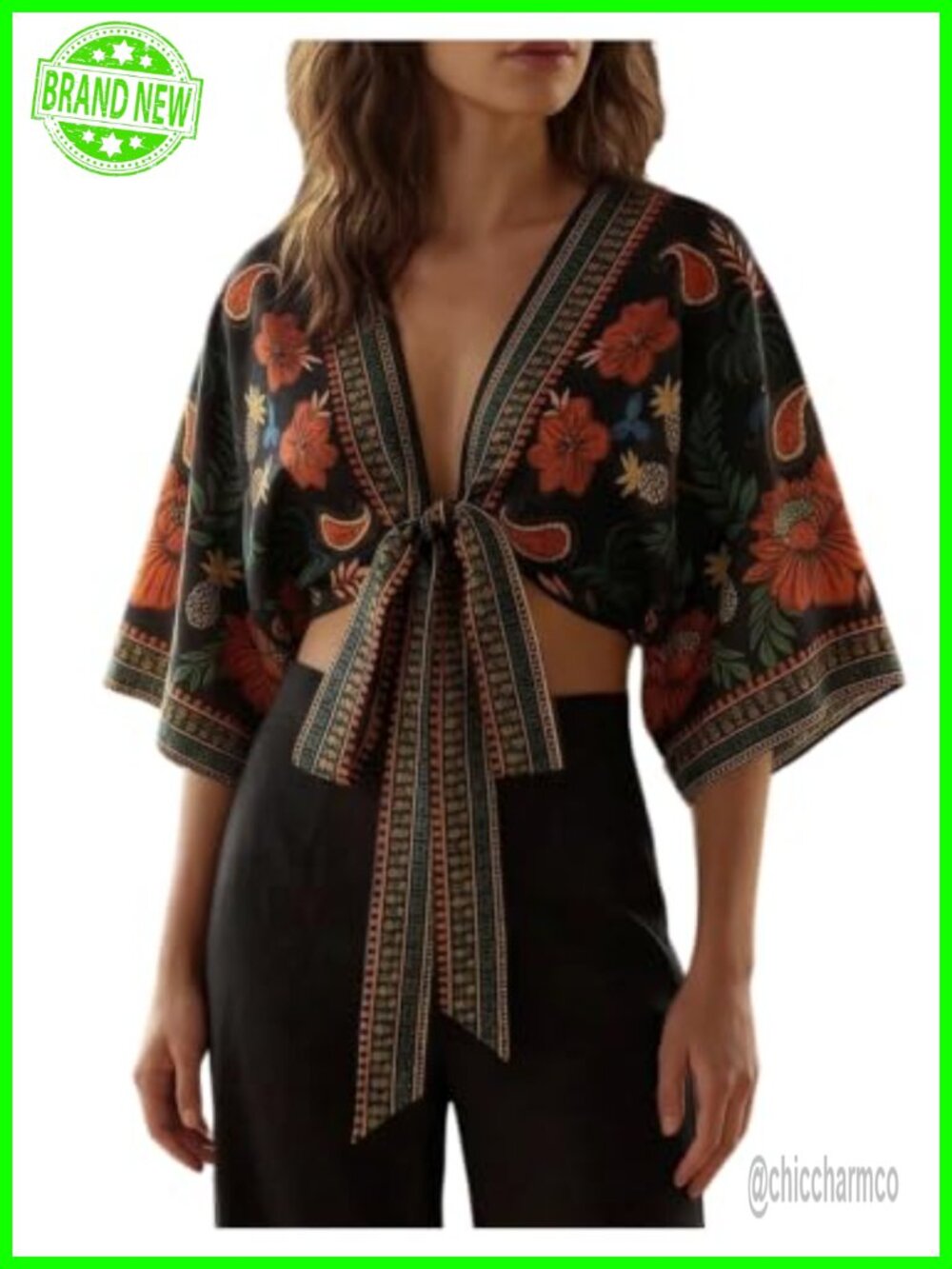 Tropical Print Deep V Neck Tie Front Crop Blouse Boho Flowy